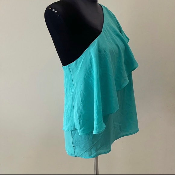 Asymmetrical Ruffle Sleeve Teal One Shoulder Blouse - Picture 6 of 6